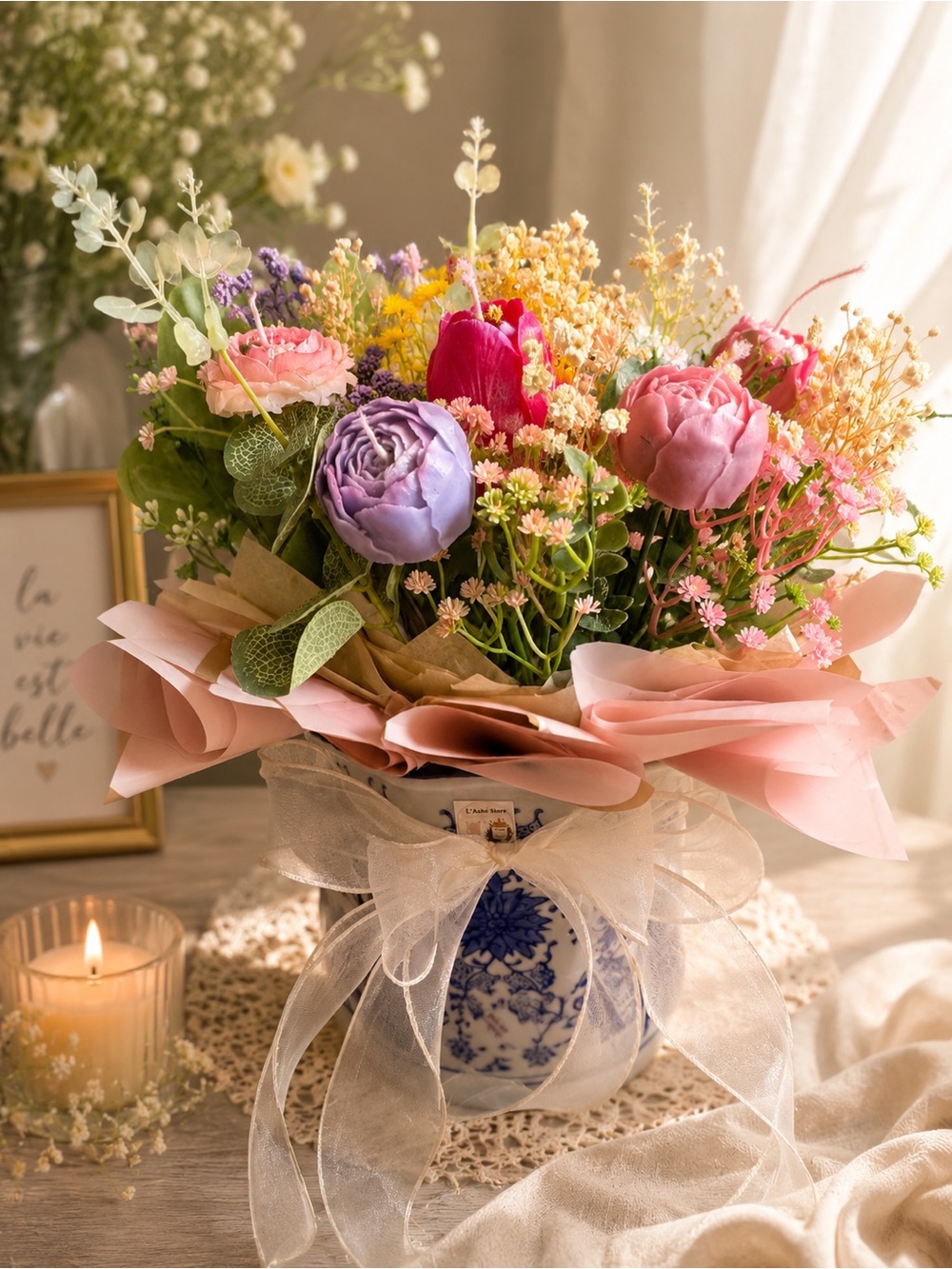 Floral Candle Bouquet Arrangement in Pink and Purple Vase Accent- Handcrafted🕯️✨